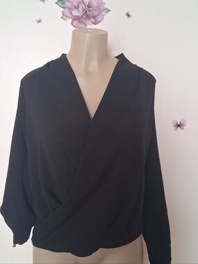 Rachel Roy Black Faux Wrap Draped Blouse Roll Sleeves Small High Low Office Work